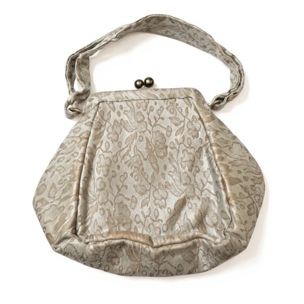 Vintage Garay Beige Gold Kiss Lock Clutch Purse Top Handle - Inner Pocket